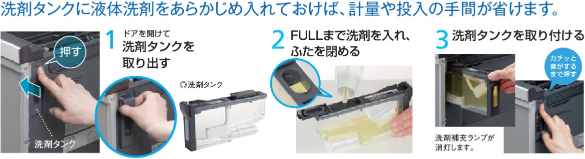 洗剤タンクに液体洗剤を予め入れておけば計量や投入の手間が省けます。