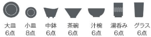 容量,大皿6点,小皿12点,中鉢6点,茶碗6点,汁椀6点,湯呑み6点,グラス6点,